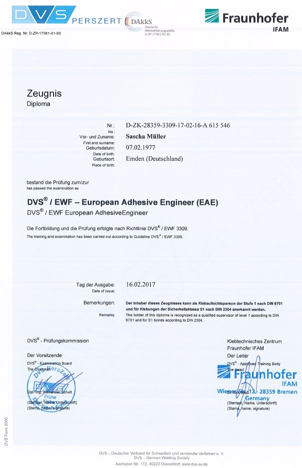 Klebfachingenieur nach DVS® /EWF – European Adhesive Engineer (EAE).
